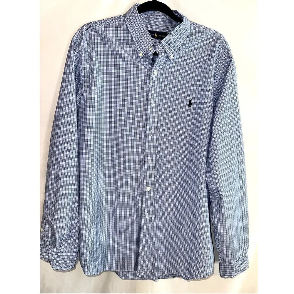 Ralph Lauren Mens XL Button Down Shirt Blue White Gingham Check Long Sleeve - Picture 1 of 9